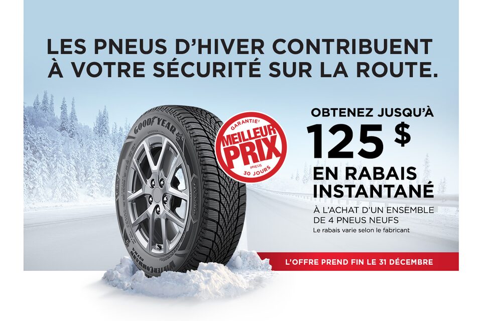 Économisez jusqu'à 125 $ en rabais instantanés sur un ensemble de 4 pneus neufs