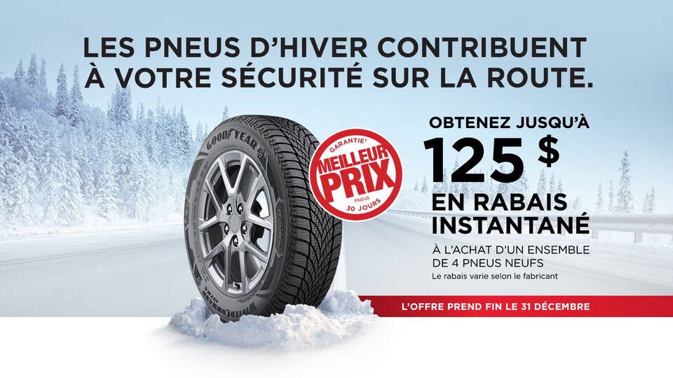 Économisez jusqu'à 125 $ en rabais instantanés sur un ensemble de 4 pneus neufs