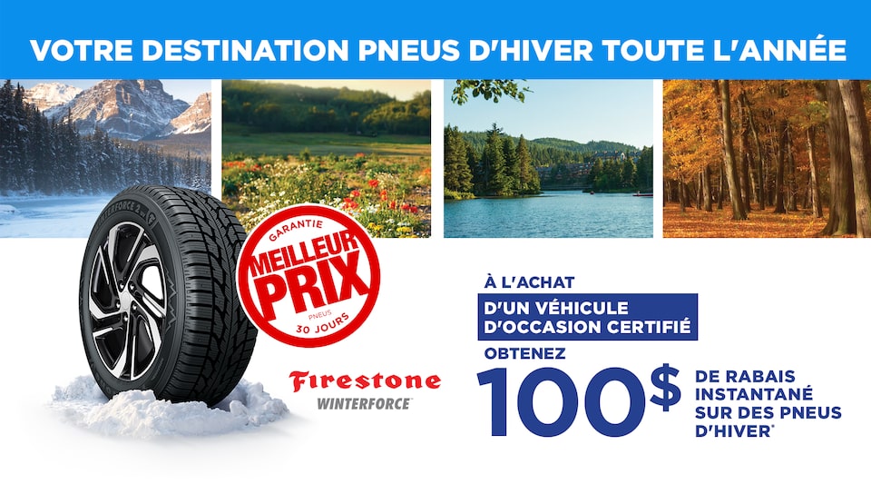 Bannière promotionnelle Mon Service Certifié présentant un pneu avec quatre images de paysages pittoresques en haut.