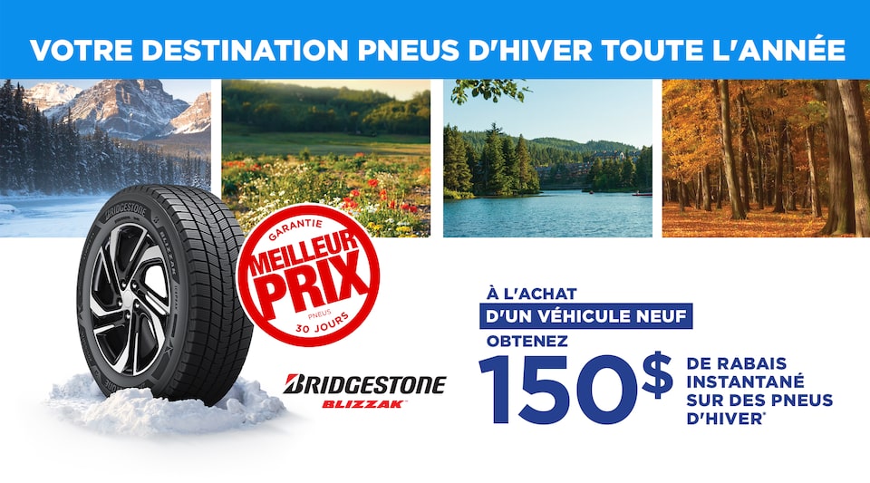 Bannière promotionnelle Mon Service Certifié présentant un pneu dans la neige avec des paysages saisonniers pittoresques.