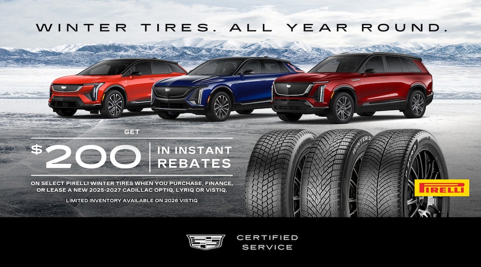 My Certified Service promotional banner for winter tire offer featuring three Cadillac SUVs parked on a snowy landscape. 