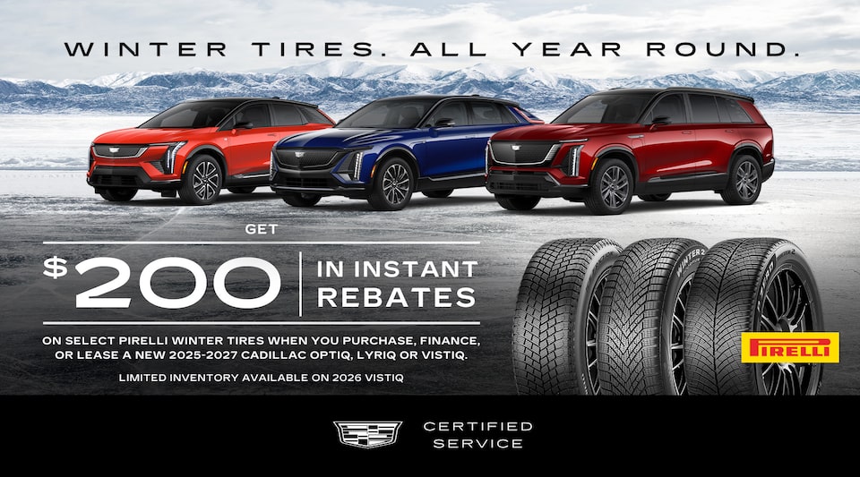 My Certified Service promotional banner for winter tire offer featuring three Cadillac SUVs parked on a snowy landscape. 
