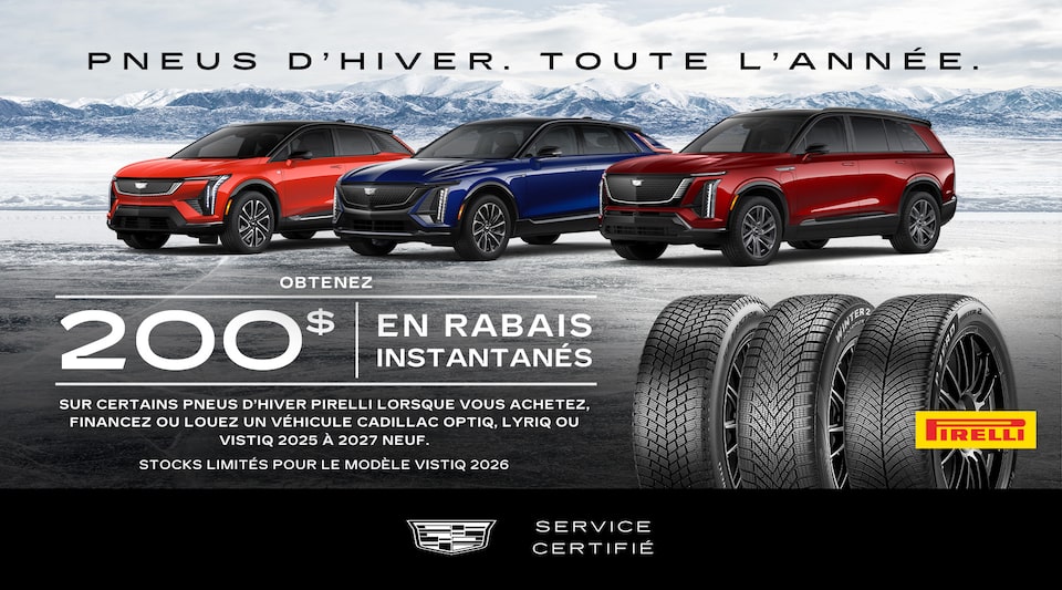 Bannière promotionnelle Mon Service Certifié pour l’offre sur les pneus d’hiver présentant trois VUS Cadillac stationnés dans un paysage enneigé.